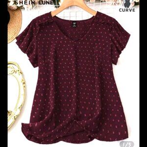 NWT Shein Lune Burgundy V-Neck Jacquard Ruffle SS Loose‎ Fit Casual Blouse 3X